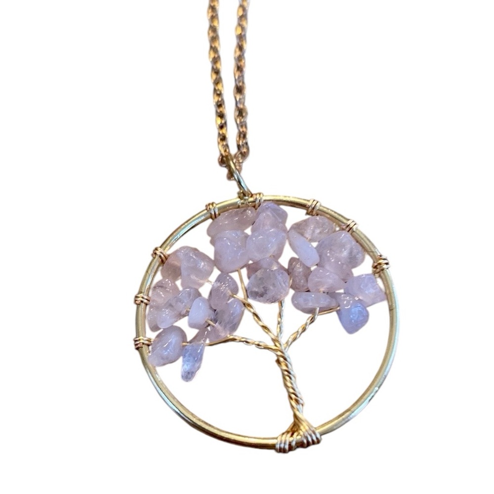 ROSE QUARTZ TREE OF LIFE PENDANT NECKLACE GOLD TONE OVER SILVER ADJUSTABLE CHAIN